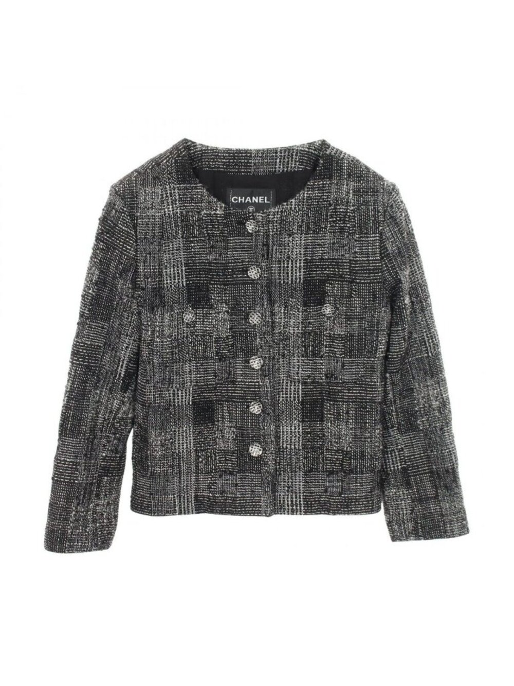 Chanel Collarless Jacket CC Logo Button Tweed Wool